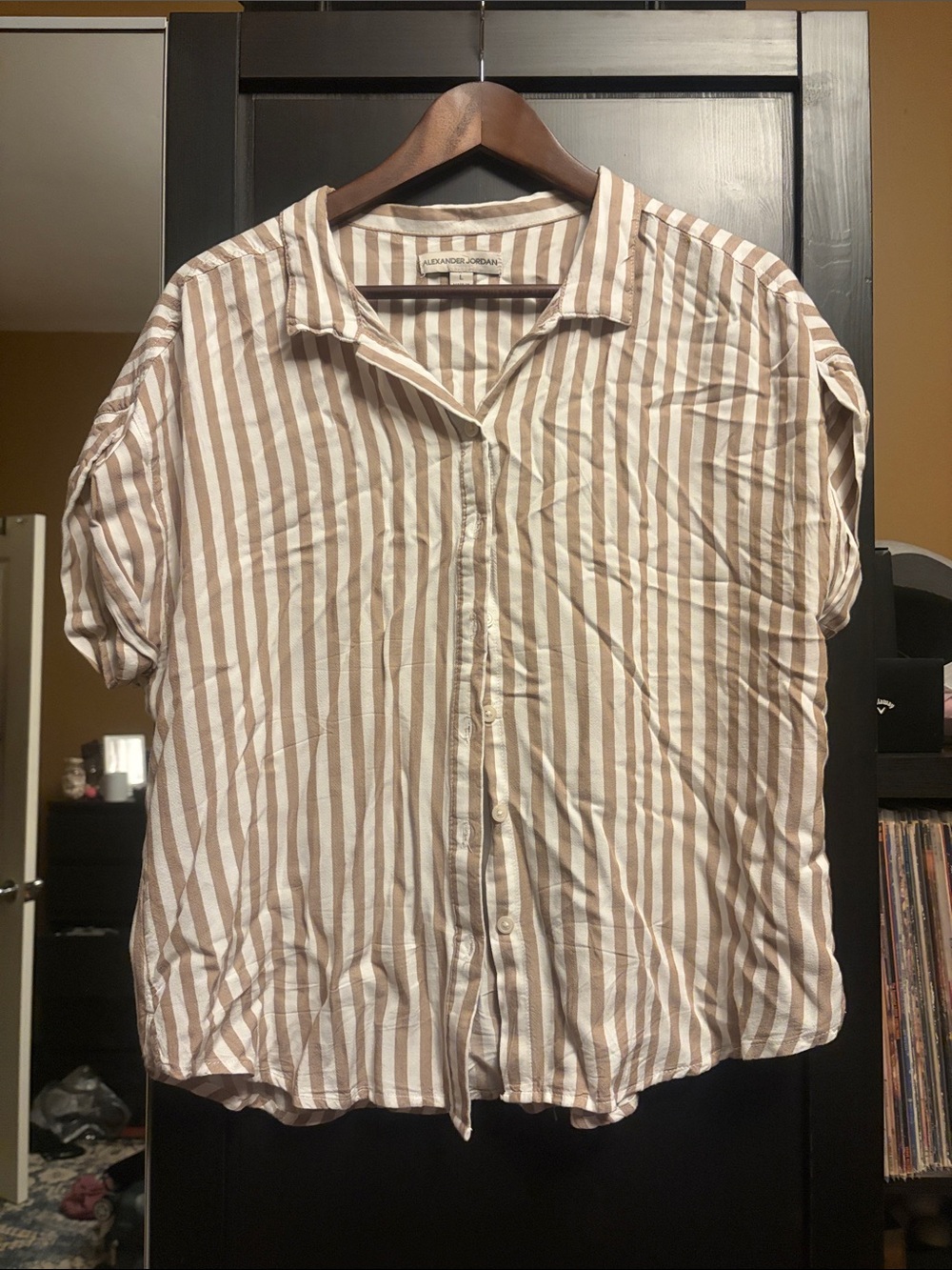 Women’s Brown and White Striped Short-Sleeve Shirt